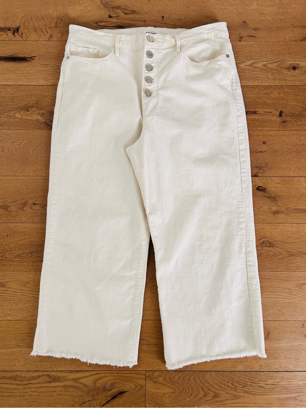 Frame Denim Ali Wide Crop Jeans High Waist Raw Hem Button Fly Soft White Size 34